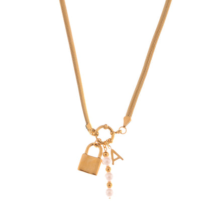 Alilang Gold-Tone Lock Pendant Necklace with Pearl and Initial Charm Details