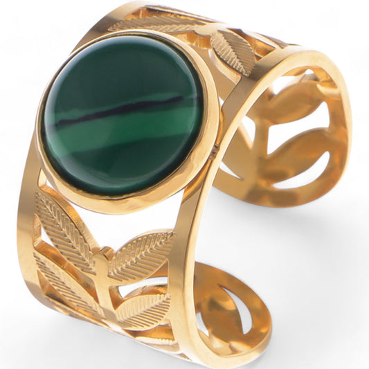 Alilang Women's Gold Tone Leaf Cutout Cuff Bracelet with Round Green Stone Statement Design