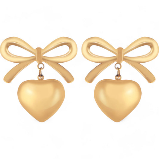 Alilang Women's Bow Dangle Heart Drop Earrings Gold Tone Playful Chic Design