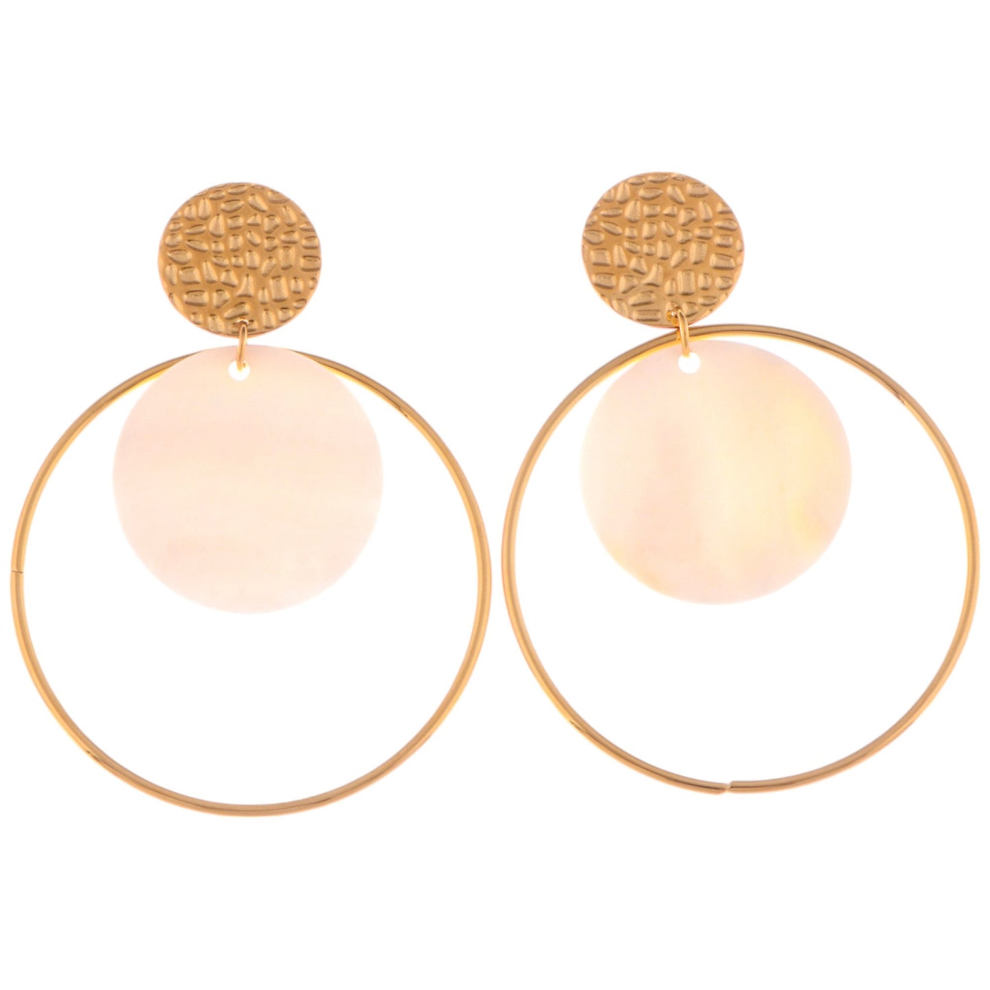 Alilang Gold Tone Textured Stud Earrings with Hoop and Disc Detail