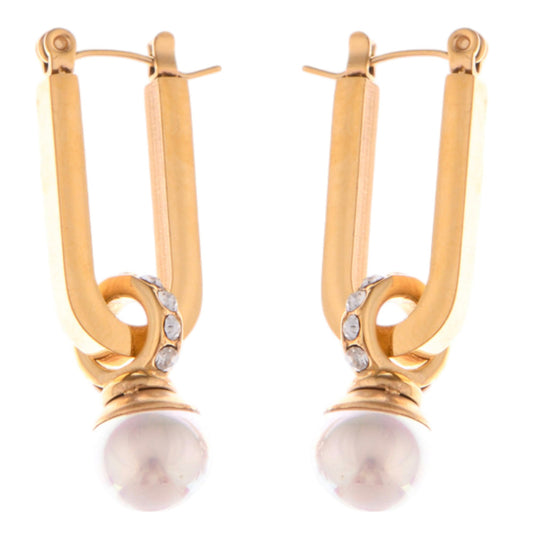 Alilang Gold Tone Geometric Drop Earrings with Pearl and Rhinestone Accent