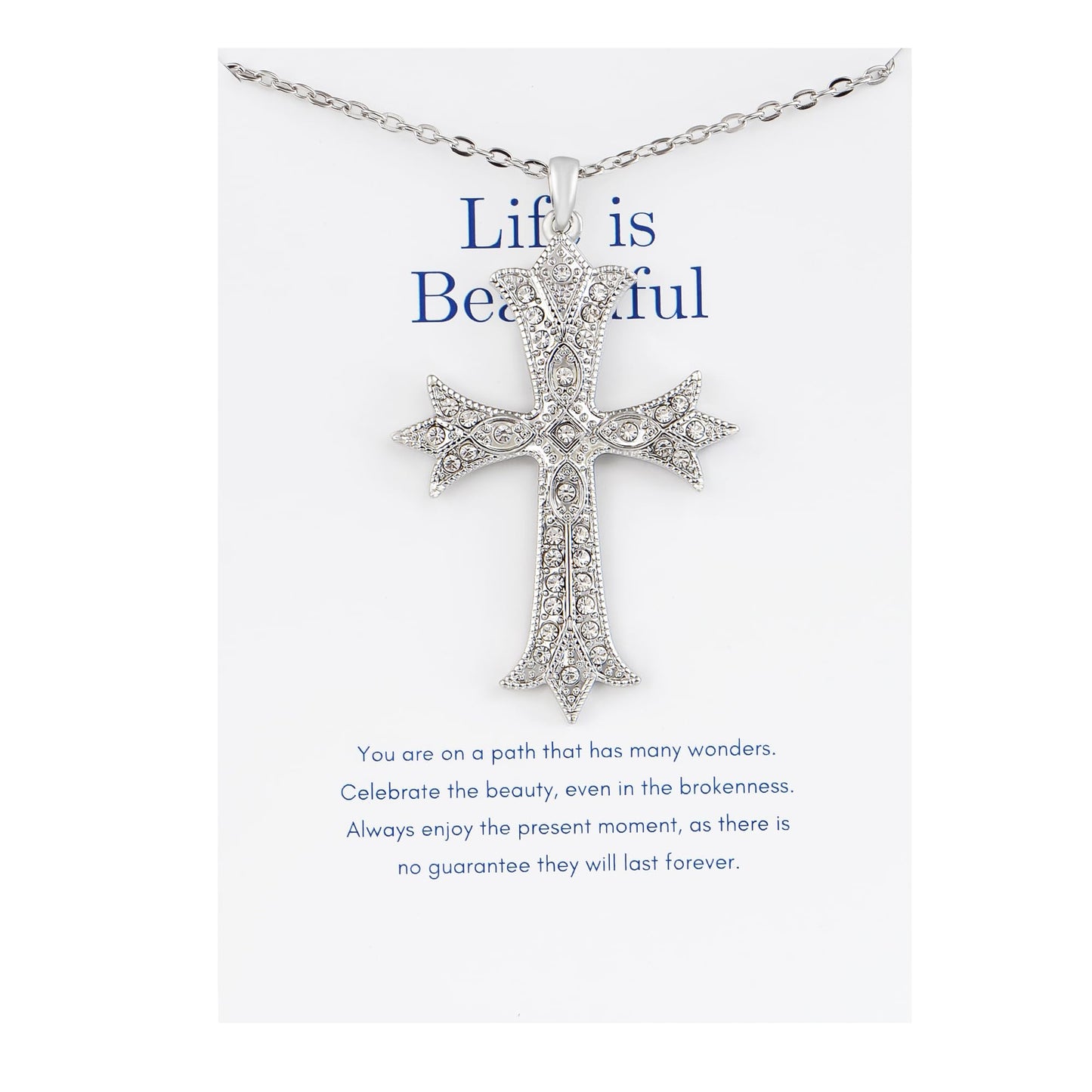 Alilang Silver Tone Clear Crystal Rhinestone Cross Patonce Pendant Necklace with Religious Gift Message Card & Envelope Christian Jewelry Gifts