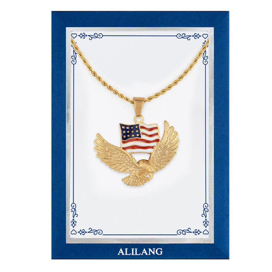Alilang Flying Eagle with American Flag Pendant Necklace with Patriotic Gift Message Card & Envelope Jewelry Gift