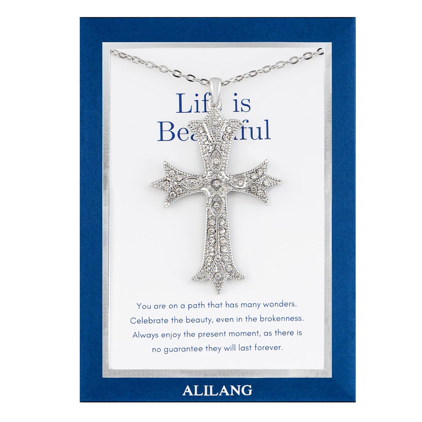 Alilang Silver Tone Clear Crystal Rhinestone Cross Patonce Pendant Necklace with Religious Gift Message Card & Envelope Christian Jewelry Gifts