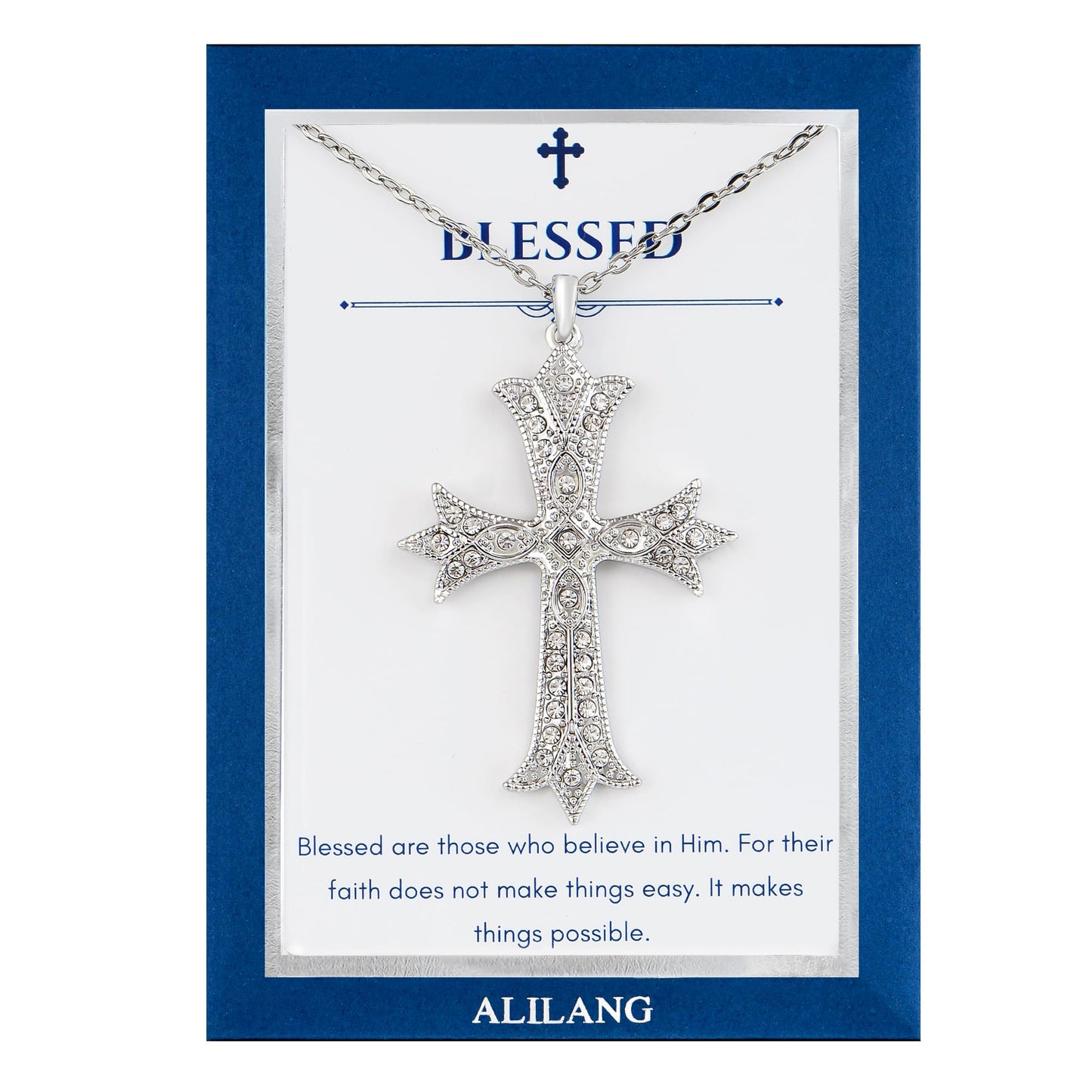 Alilang Silver Tone Clear Crystal Rhinestone Cross Patonce Pendant Necklace with Religious Gift Message Card & Envelope Christian Jewelry Gifts