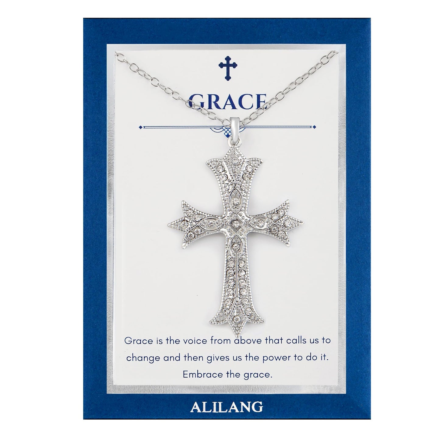 Alilang Silver Tone Clear Crystal Rhinestone Cross Patonce Pendant Necklace with Religious Gift Message Card & Envelope Christian Jewelry Gifts