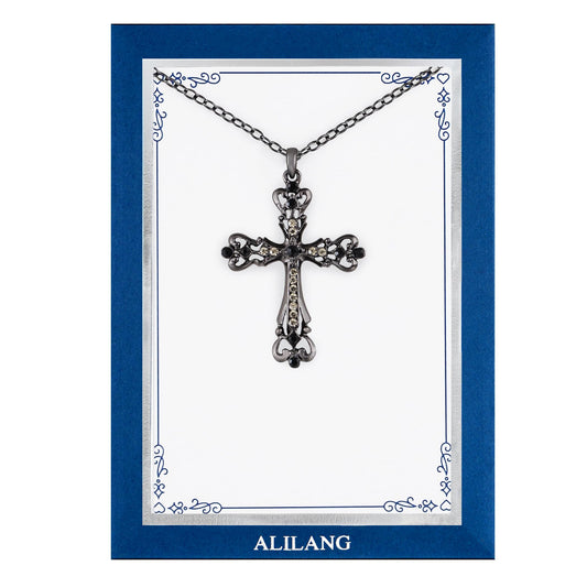 Alilang Black & Silver Gunmetal Clear Crystal Rhinestone Cross Necklace Pendant with Religious Gift Message Card & Envelope Christian Jewelry Gifts