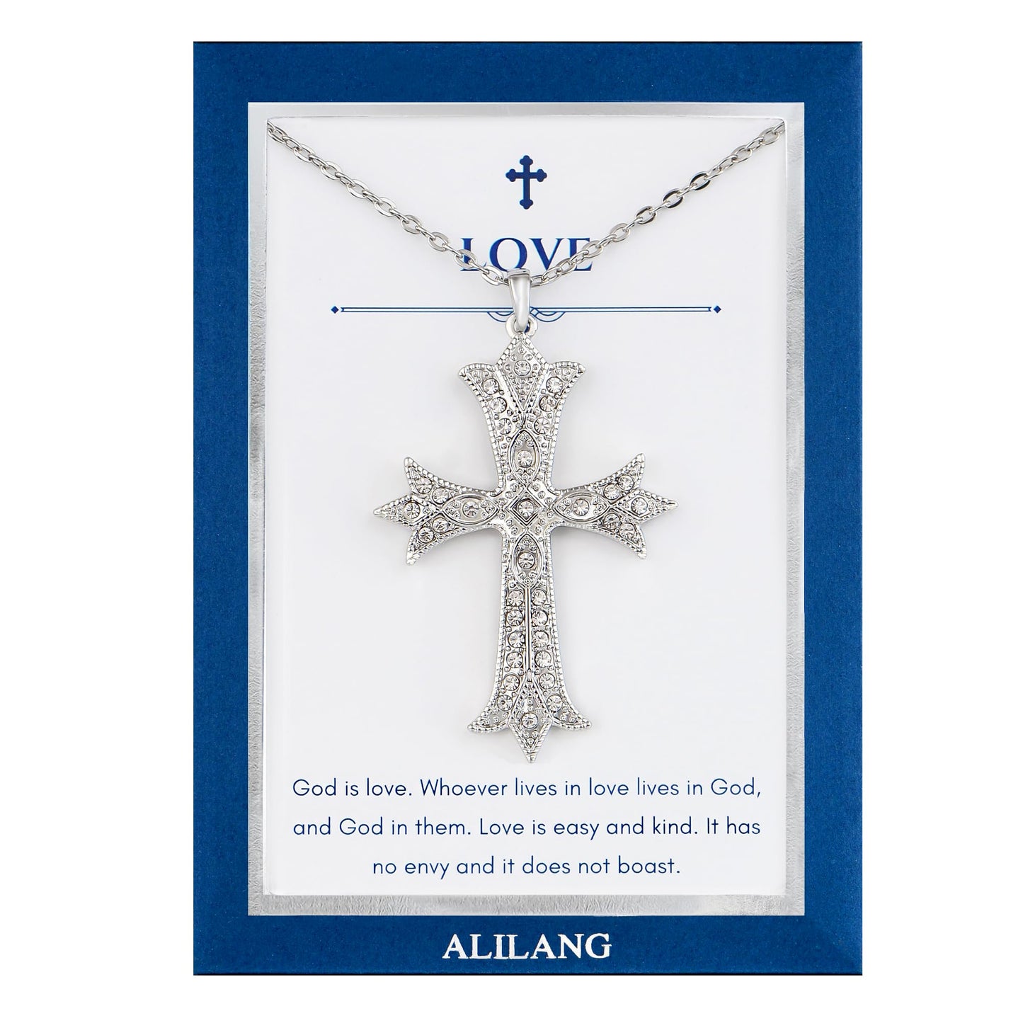 Alilang Silver Tone Clear Crystal Rhinestone Cross Patonce Pendant Necklace with Religious Gift Message Card & Envelope Christian Jewelry Gifts