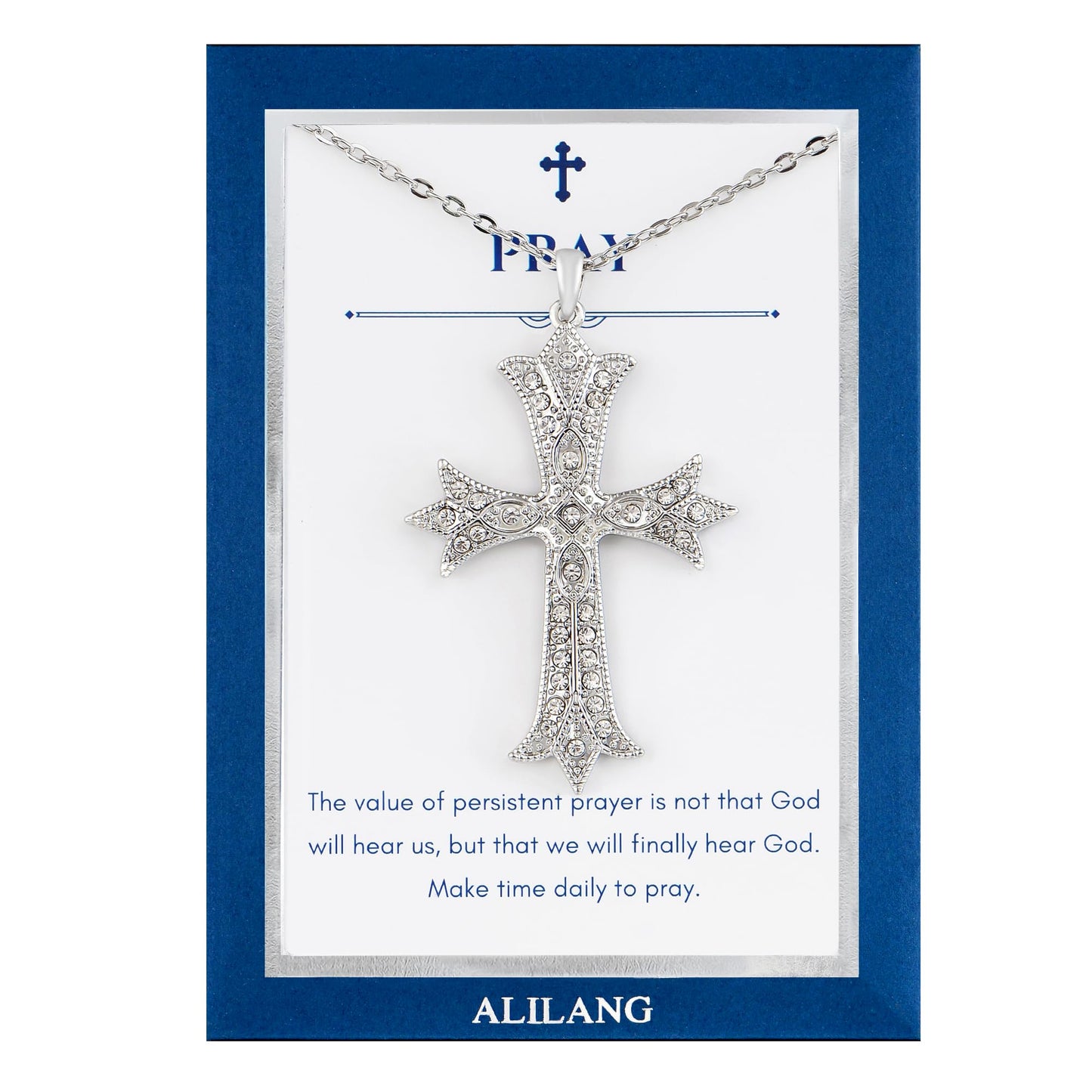 Alilang Silver Tone Clear Crystal Rhinestone Cross Patonce Pendant Necklace with Religious Gift Message Card & Envelope Christian Jewelry Gifts