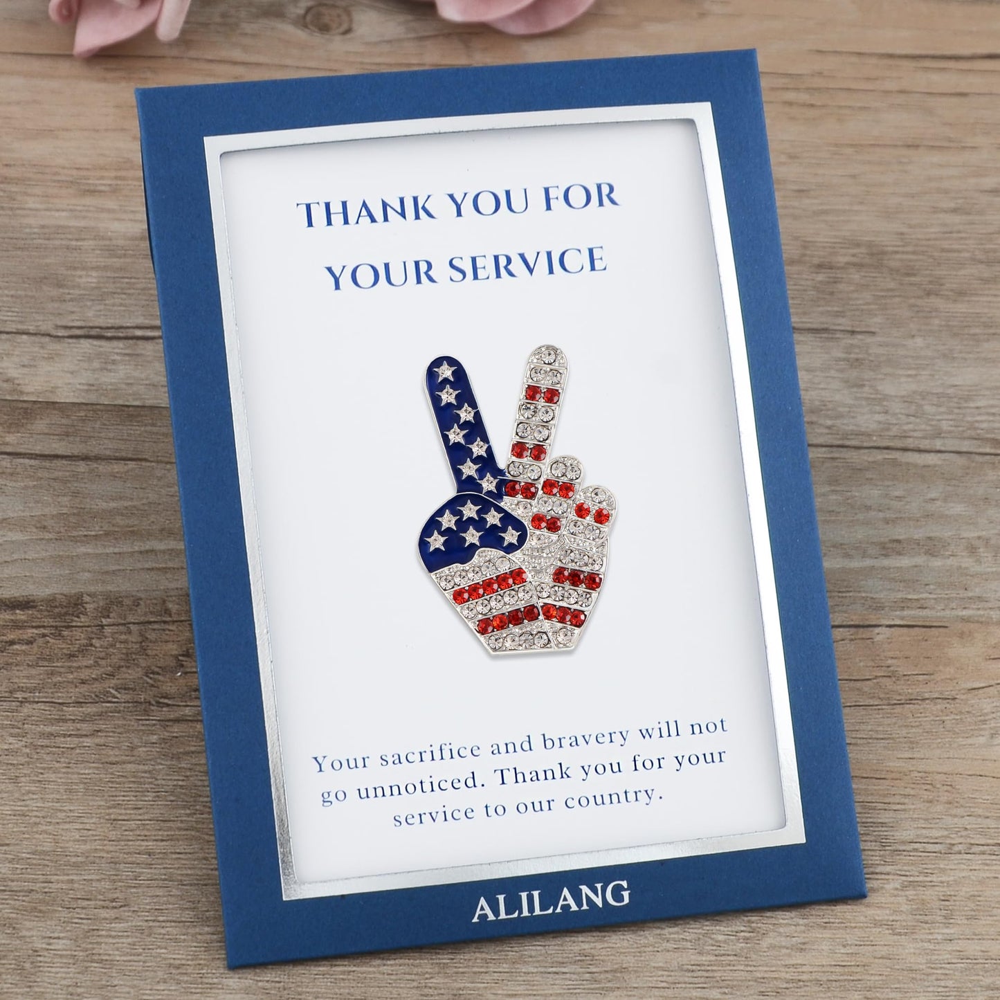 Alilang USA Flag Peace Sign Red White Blue Brooch Pin with Patriotic Gift Message Card & Envelope Jewelry Gifts