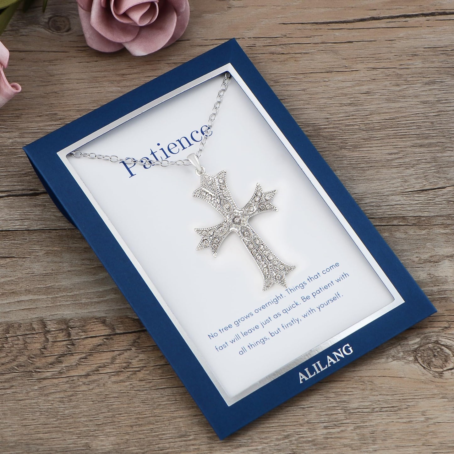 Alilang Silver Tone Clear Crystal Rhinestone Cross Patonce Pendant Necklace with Religious Gift Message Card & Envelope Christian Jewelry Gifts