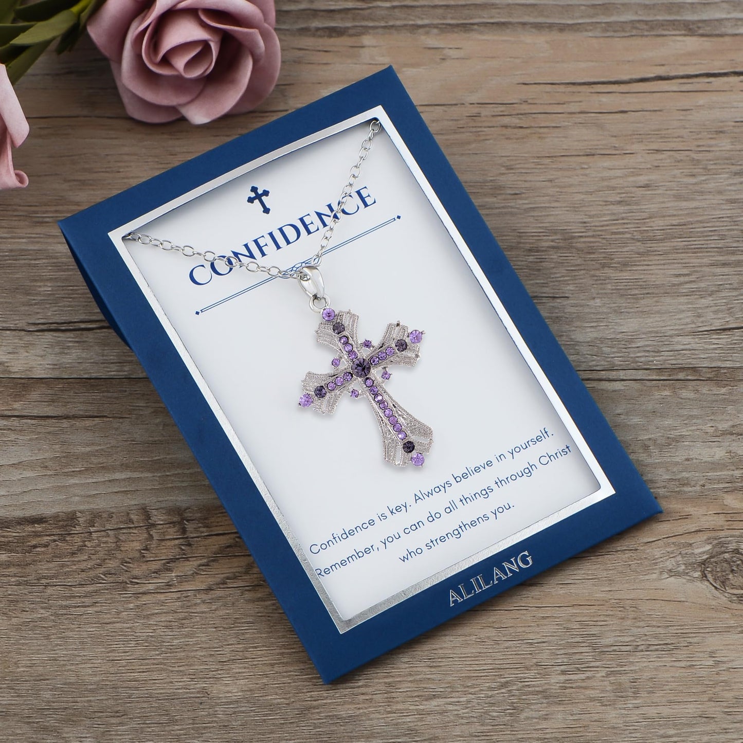 Alilang Purple Lavender Rhinestone Celtic Cross Pendant Necklace with Religious Gift Message Card & Envelope Christian Jewelry Gifts