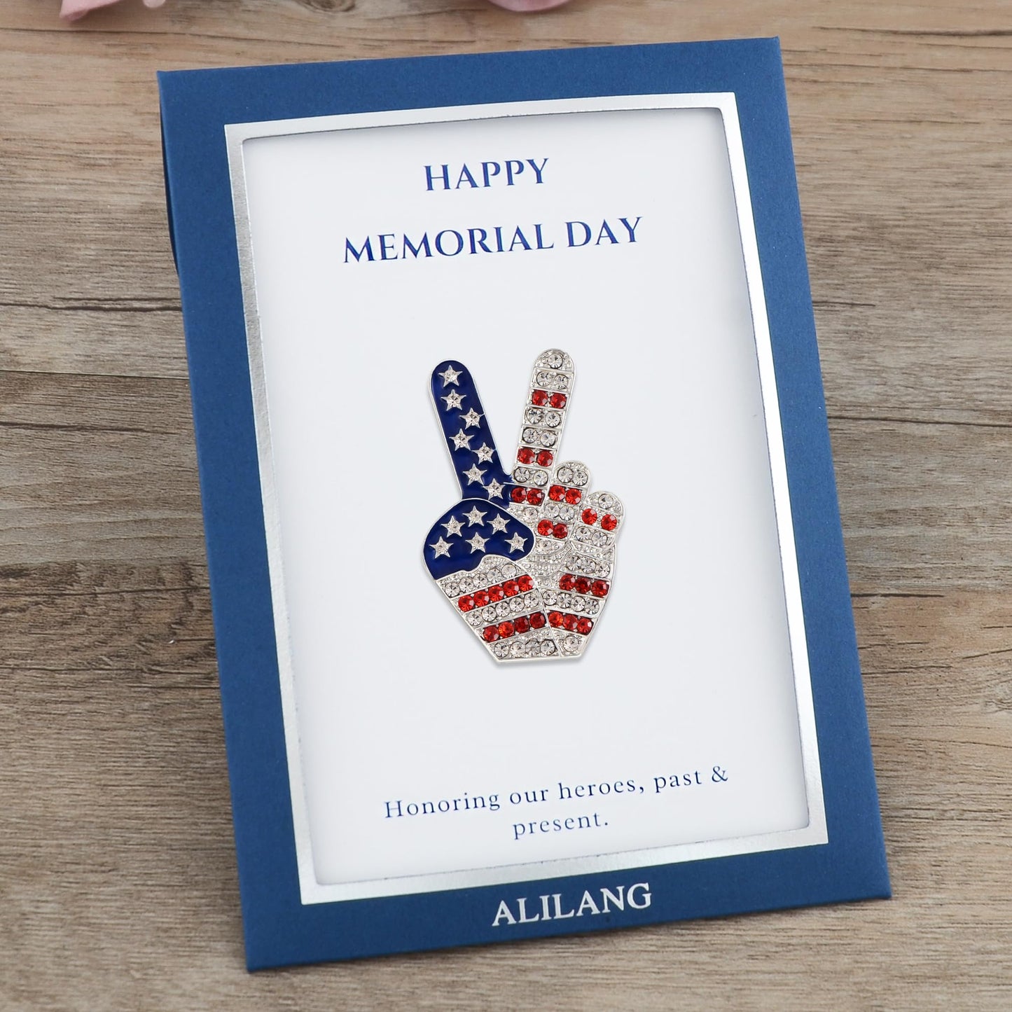 Alilang USA Flag Peace Sign Red White Blue Brooch Pin with Patriotic Gift Message Card & Envelope Jewelry Gifts