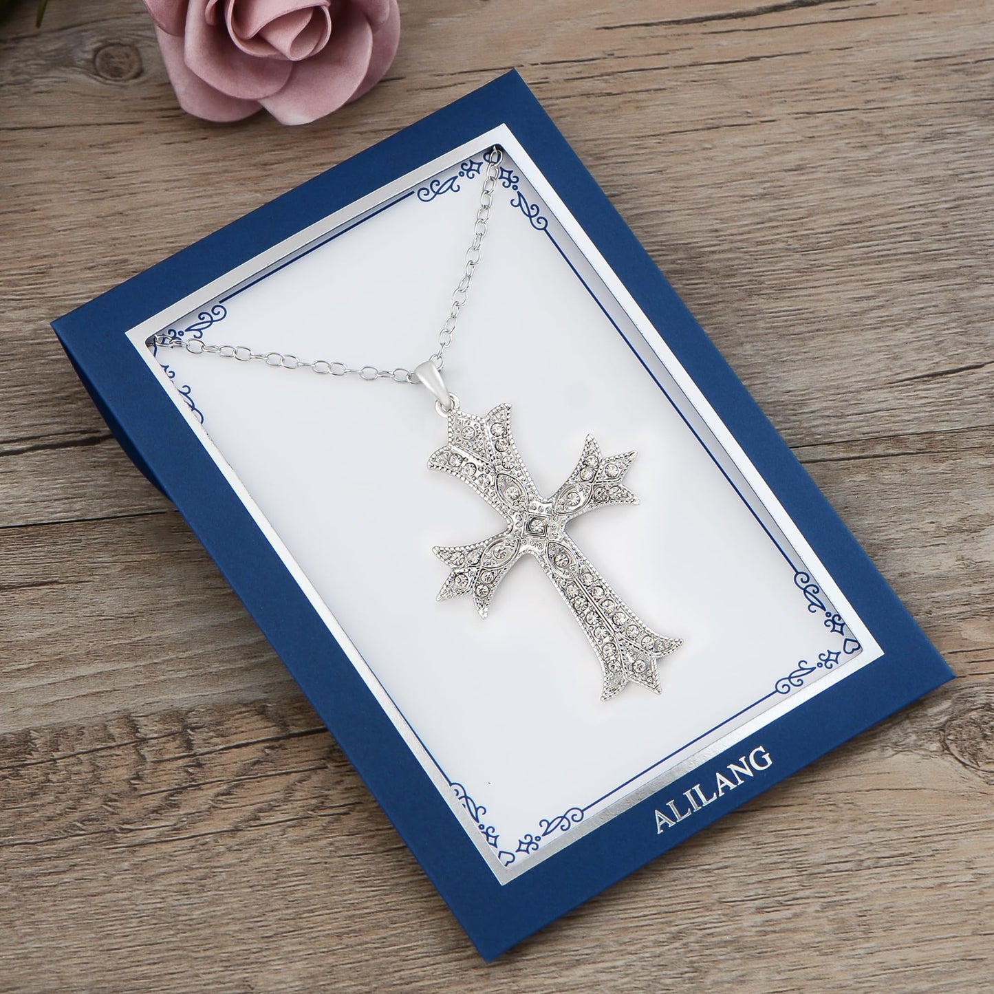 Alilang Silver Tone Clear Crystal Rhinestone Cross Patonce Pendant Necklace with Religious Gift Message Card & Envelope Christian Jewelry Gifts