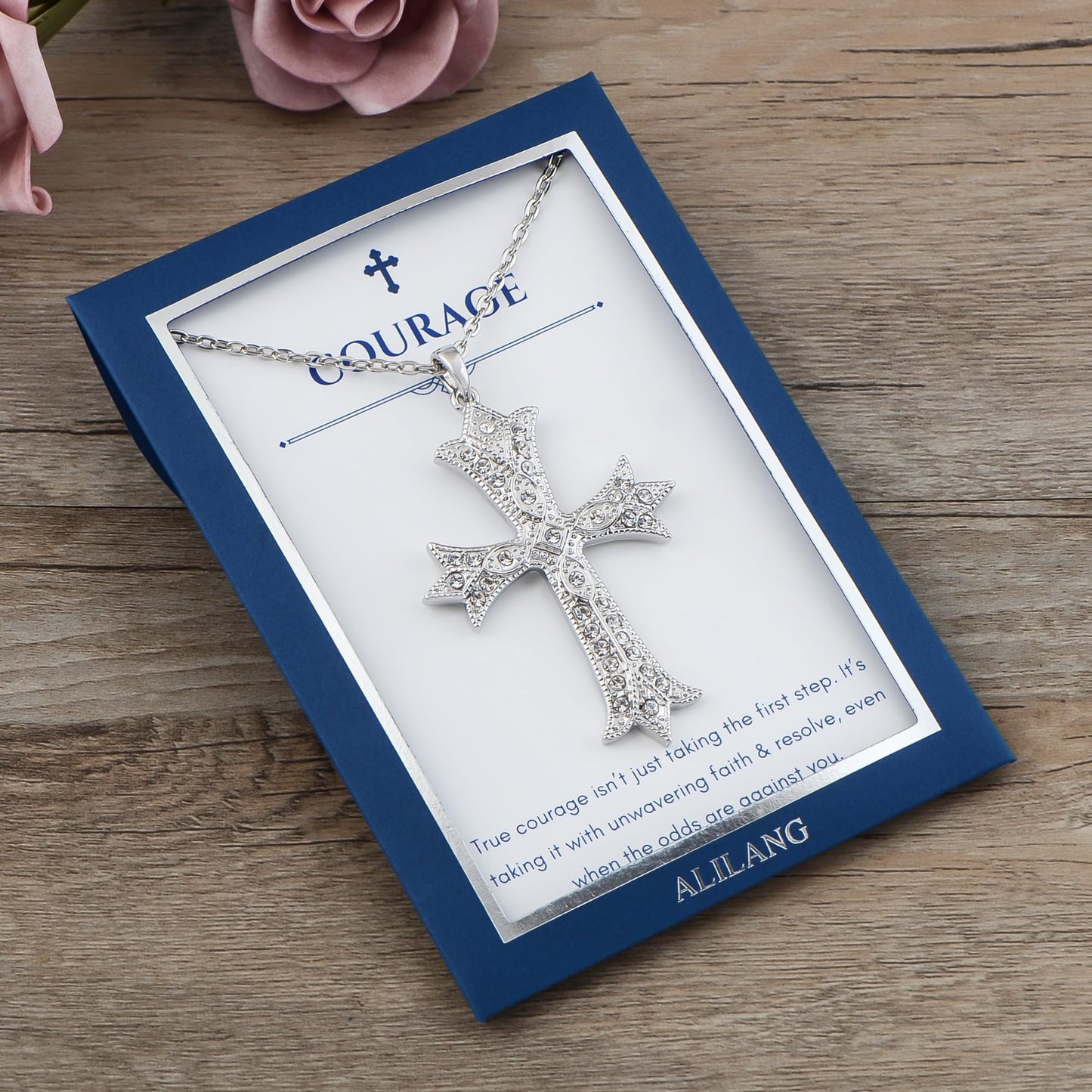 Alilang Silver Tone Clear Crystal Rhinestone Cross Patonce Pendant Necklace with Religious Gift Message Card & Envelope Christian Jewelry Gifts