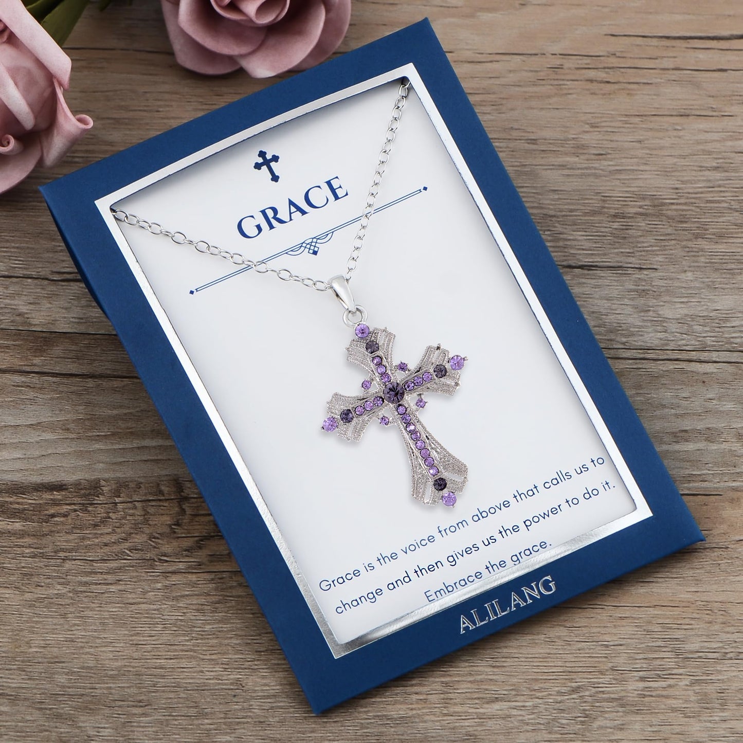 Alilang Purple Lavender Rhinestone Celtic Cross Pendant Necklace with Religious Gift Message Card & Envelope Christian Jewelry Gifts