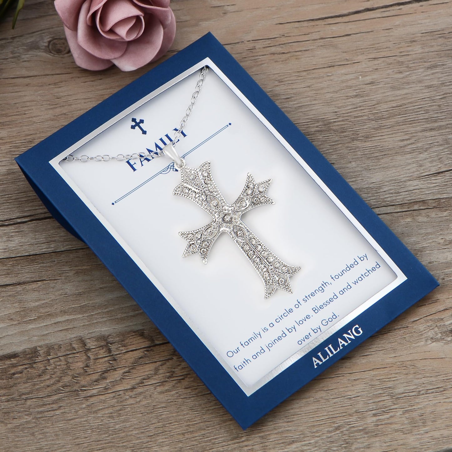 Alilang Silver Tone Clear Crystal Rhinestone Cross Patonce Pendant Necklace with Religious Gift Message Card & Envelope Christian Jewelry Gifts