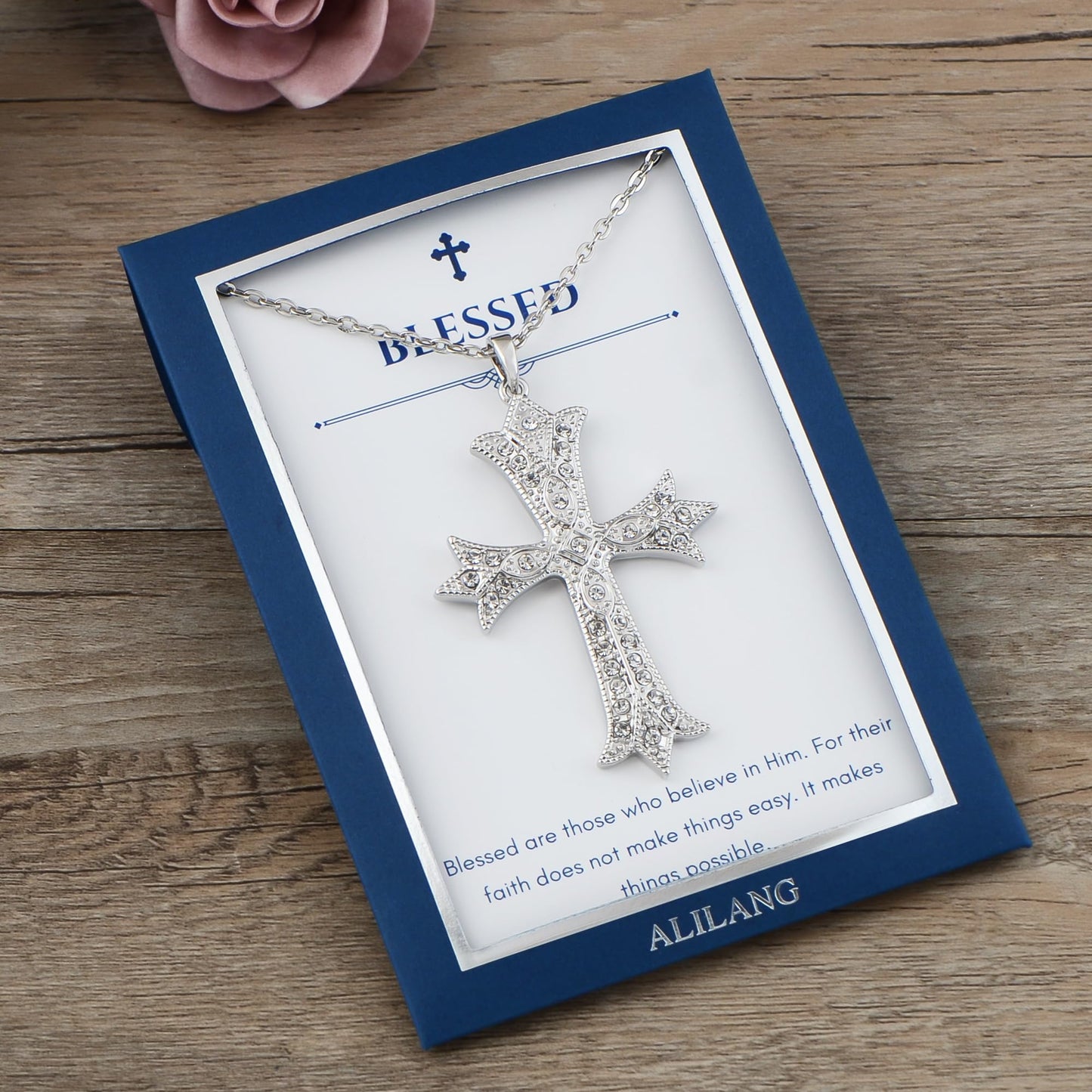 Alilang Silver Tone Clear Crystal Rhinestone Cross Patonce Pendant Necklace with Religious Gift Message Card & Envelope Christian Jewelry Gifts