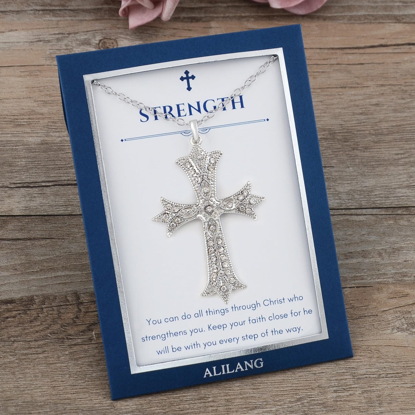 Alilang Silver Tone Clear Crystal Rhinestone Cross Patonce Pendant Necklace with Religious Gift Message Card & Envelope Christian Jewelry Gifts