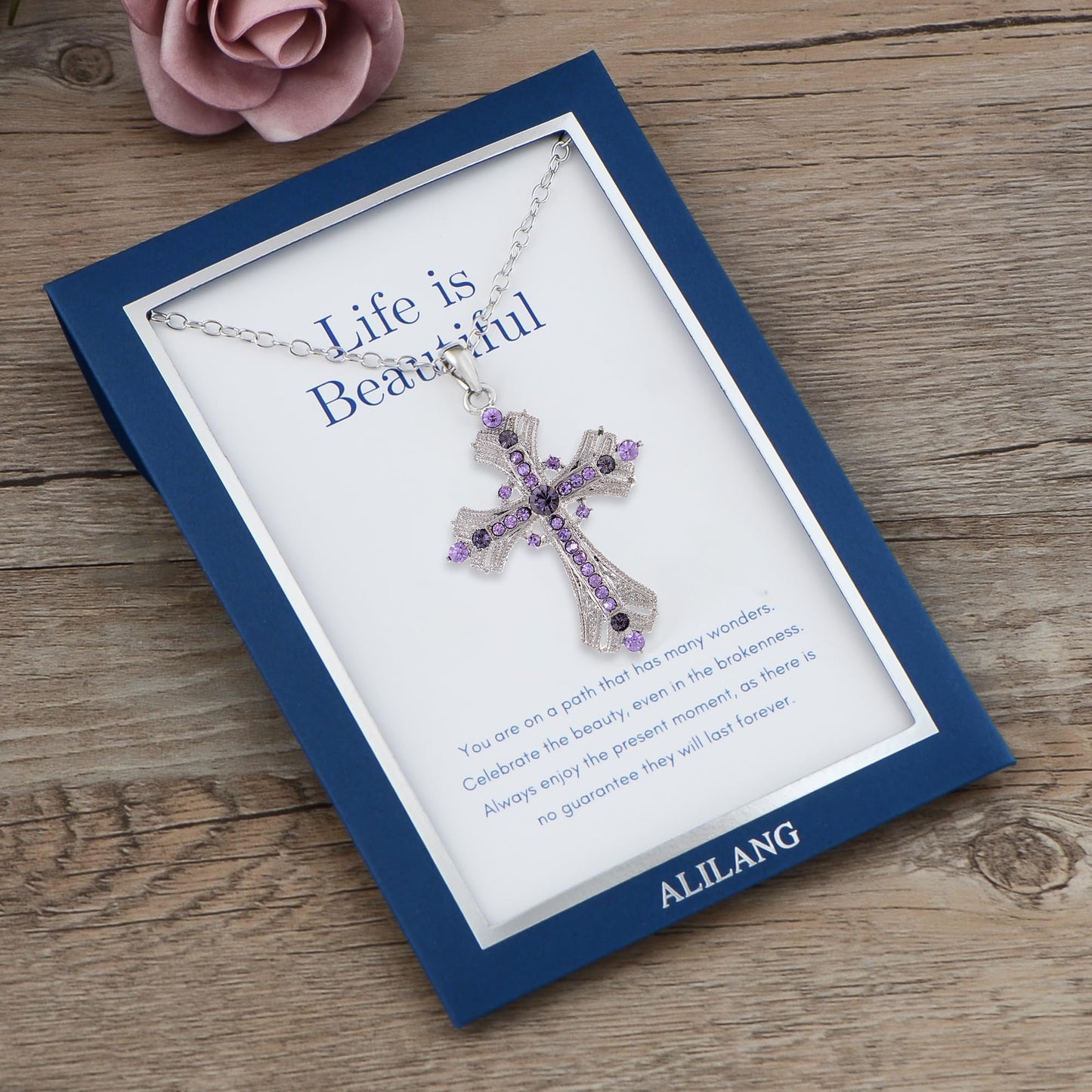 Alilang Purple Lavender Rhinestone Celtic Cross Pendant Necklace with Religious Gift Message Card & Envelope Christian Jewelry Gifts