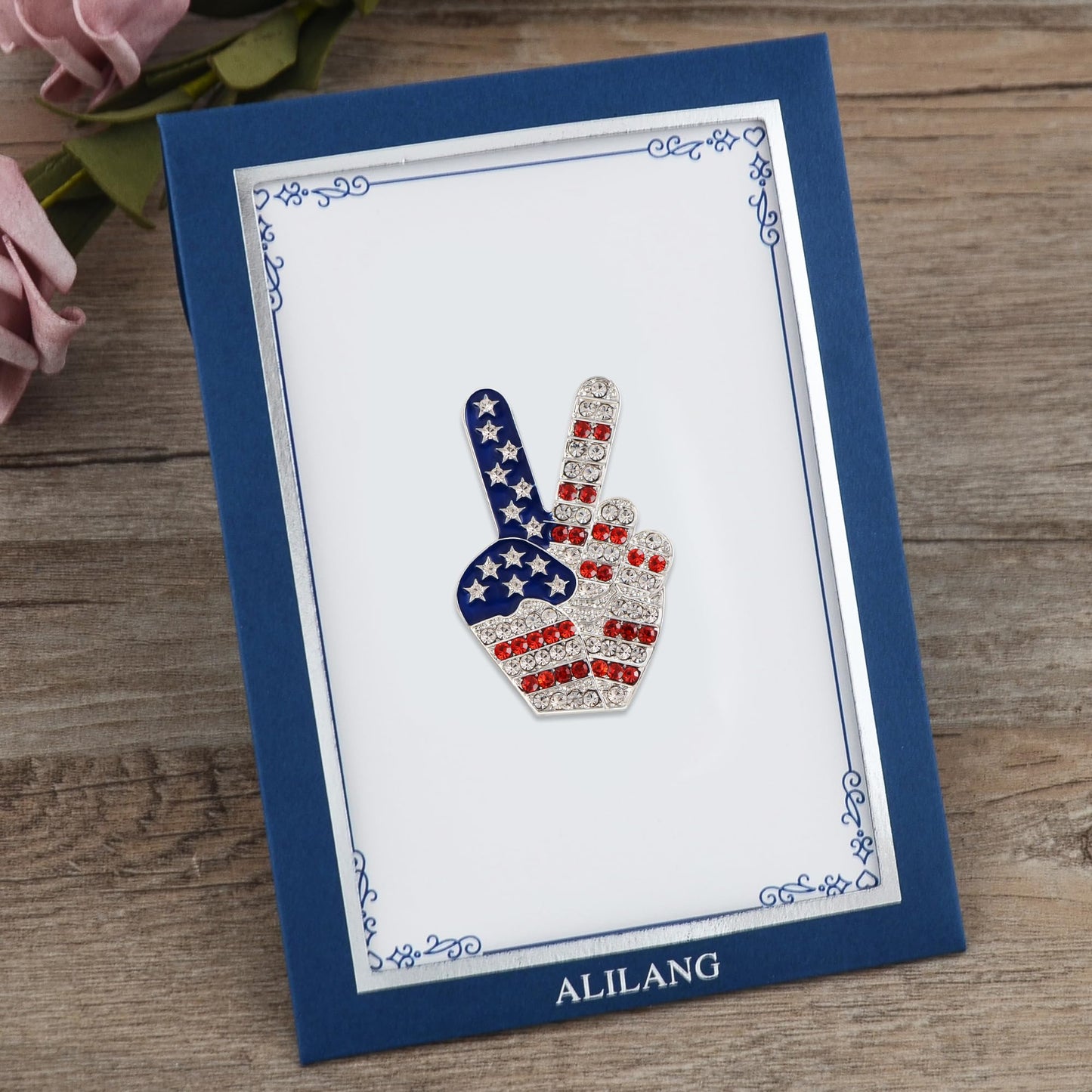 Alilang USA Flag Peace Sign Red White Blue Brooch Pin with Patriotic Gift Message Card & Envelope Jewelry Gifts