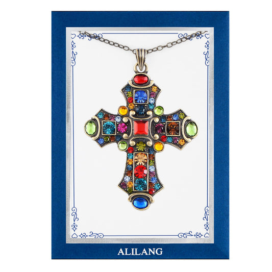 Alilang Colorful Stained Glass Rhinestone Cross Pendant Necklace with Religious Gift Message Card & Envelope Christian Jewelry Gifts