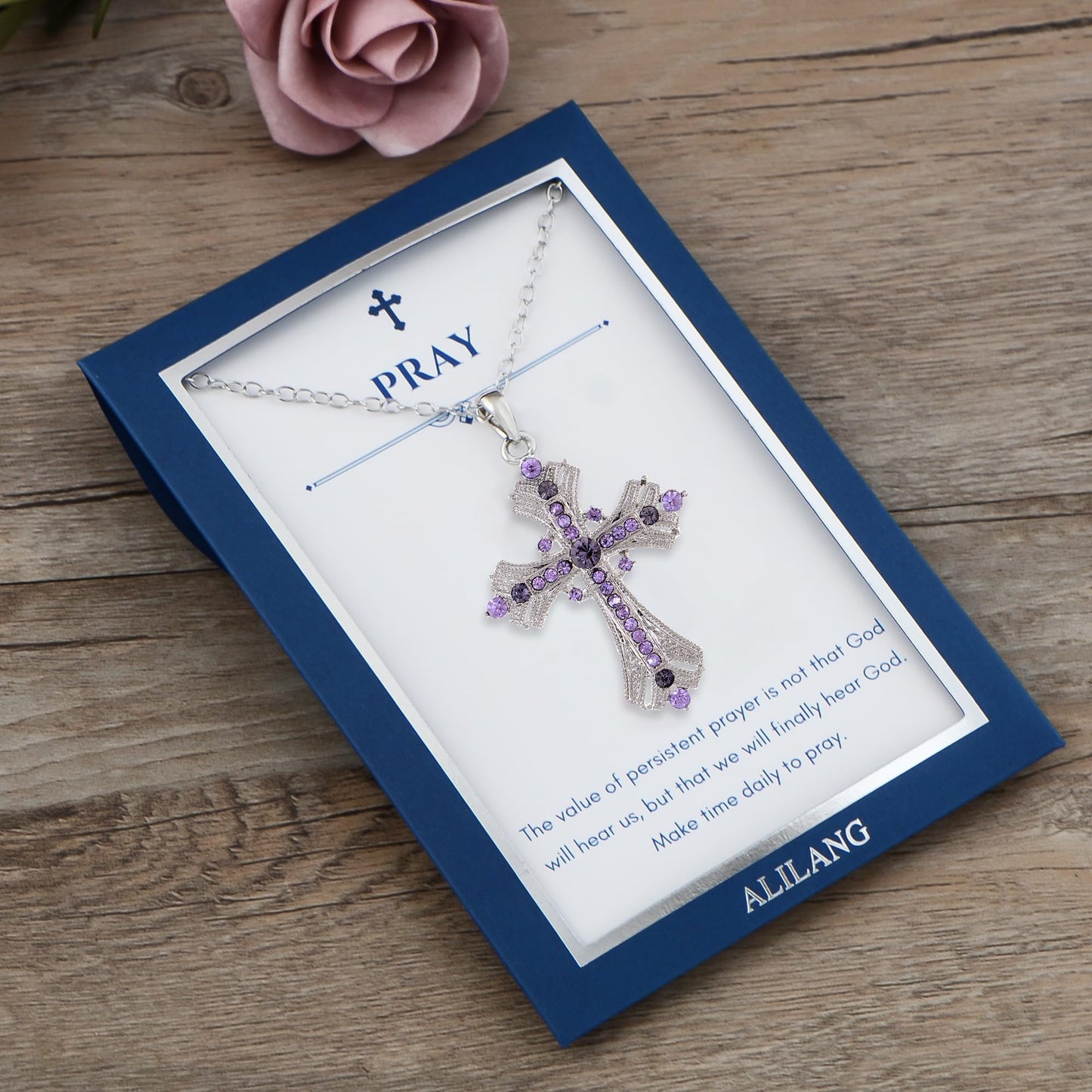 Alilang Purple Lavender Rhinestone Celtic Cross Pendant Necklace with Religious Gift Message Card & Envelope Christian Jewelry Gifts