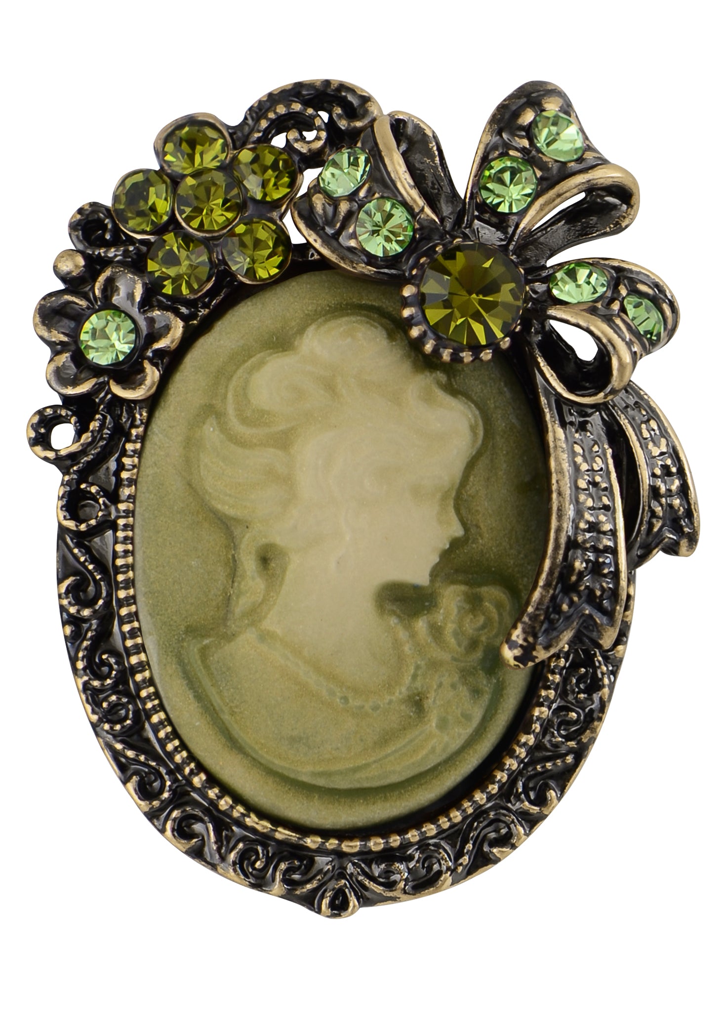 Alilang Vintage Crystal Rhinestone Cameo Pendant Necklace - Victorian Lady With Bow, Convertible To Brooch, Gold Tone
