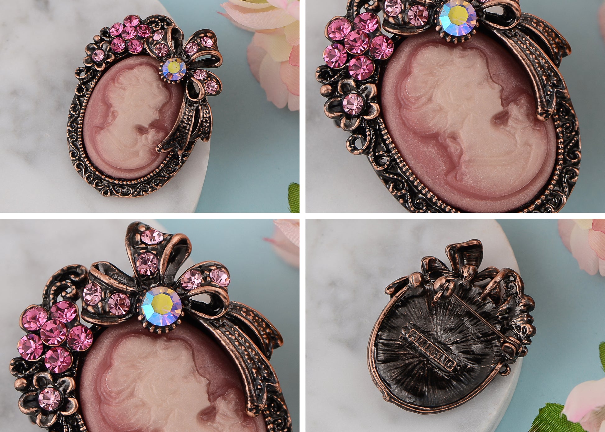 Alilang Vintage Inspired Crystal Rhinestone Victorian Lady Cameo Brooch Pin  Maiden Flower Ribbon Bow Pendant