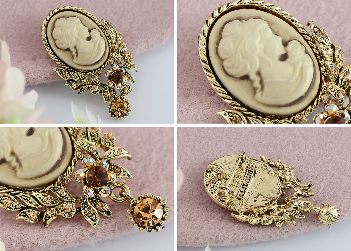 Alilang Vintage Inspired Crystal Rhinestone Victorian Lady Cameo Brooch Pin Maiden Flower Pendant