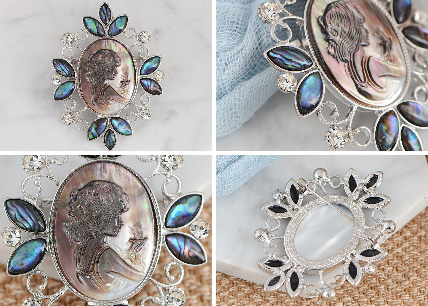 Alilang Vintage Inspired Abalone Shell Clear Crystal Rhinestone Lady Cameo Brooch Pin Maiden Flower Pendant