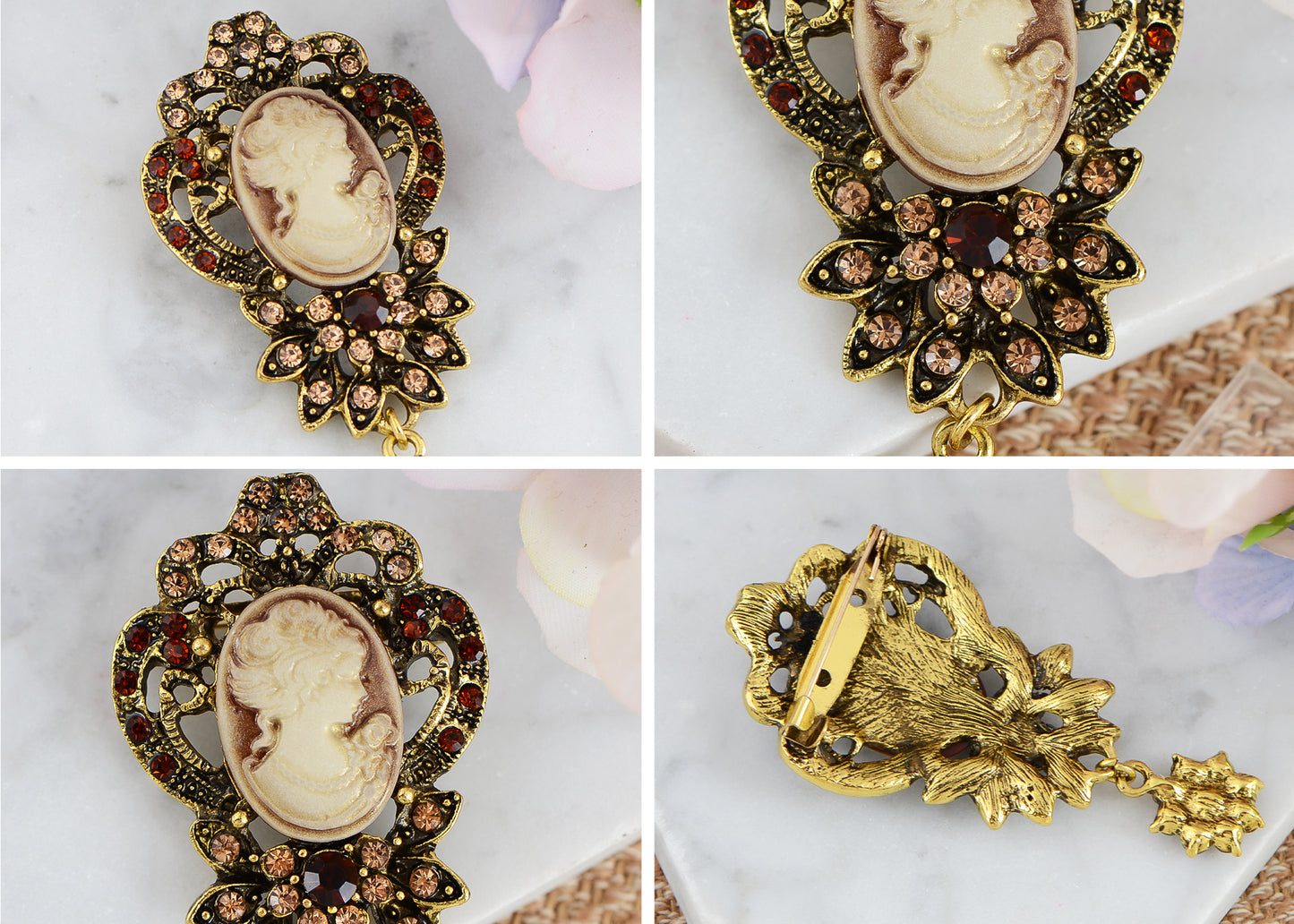 Alilang Vintage Inspired Crystal Rhinestone Victorian Lady Cameo Brooch Pin flower Pendant