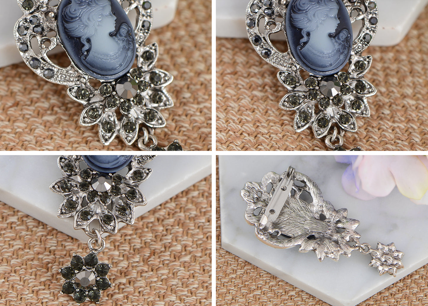 Alilang Vintage Inspired Crystal Rhinestone Victorian Lady Cameo Brooch Pin flower Pendant