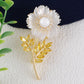 Alilang Women Natural Shell Pearl Floars And Leaves Brooch Pin - Fashion Austria Crystal Rhinestones Elegant Golden Flowers Shiny Brooch