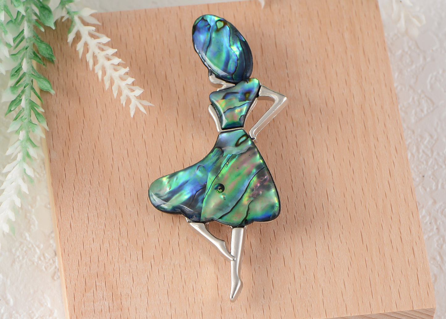 Alilang Dancer Girl Natural Abalone Shell Sliver Tone Alloy Brooch Pin Necklace Pendant