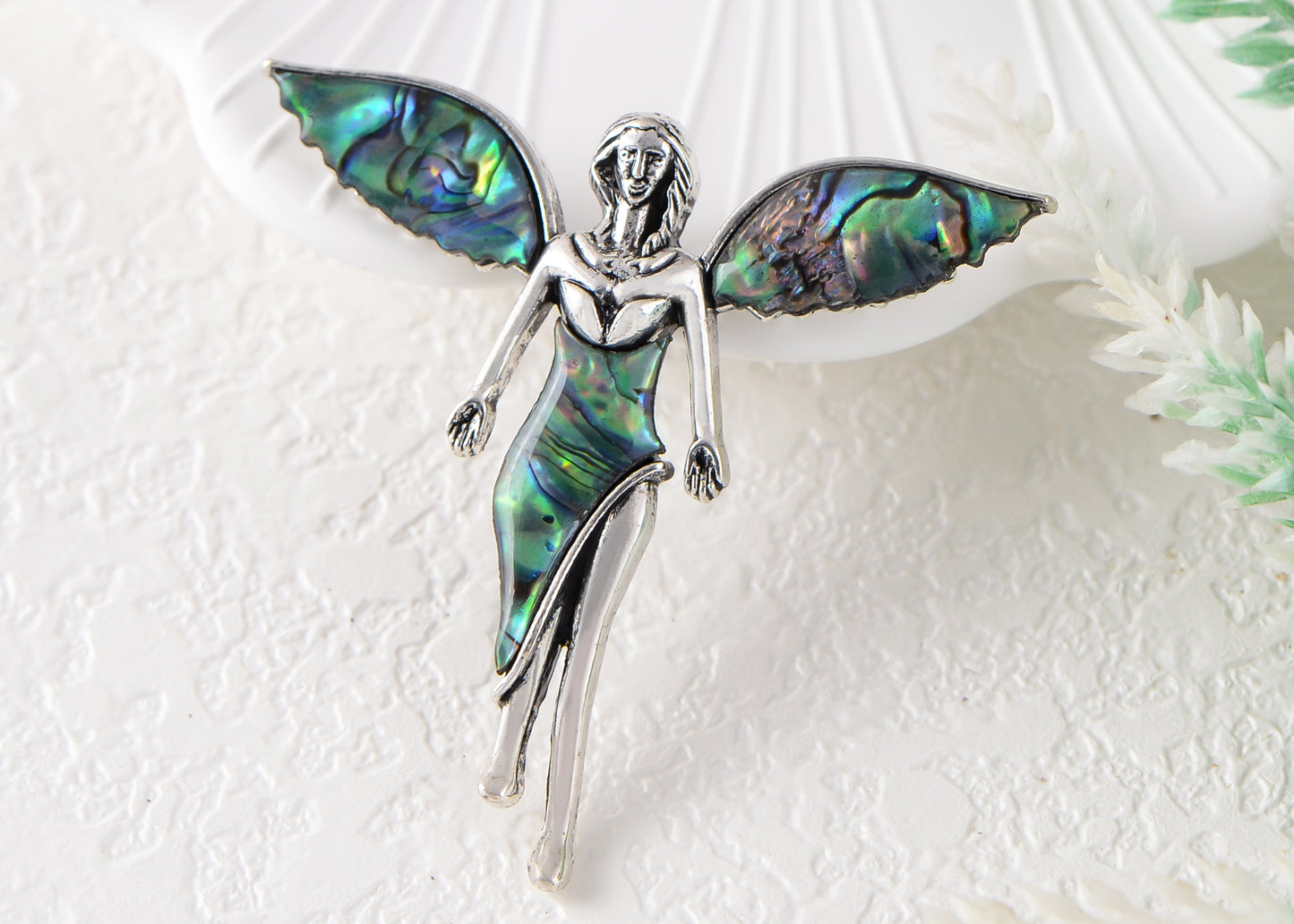 Alilang Vintage Silver Tone Abalone Shell Guardian Angel Brooch Pin & Pendant