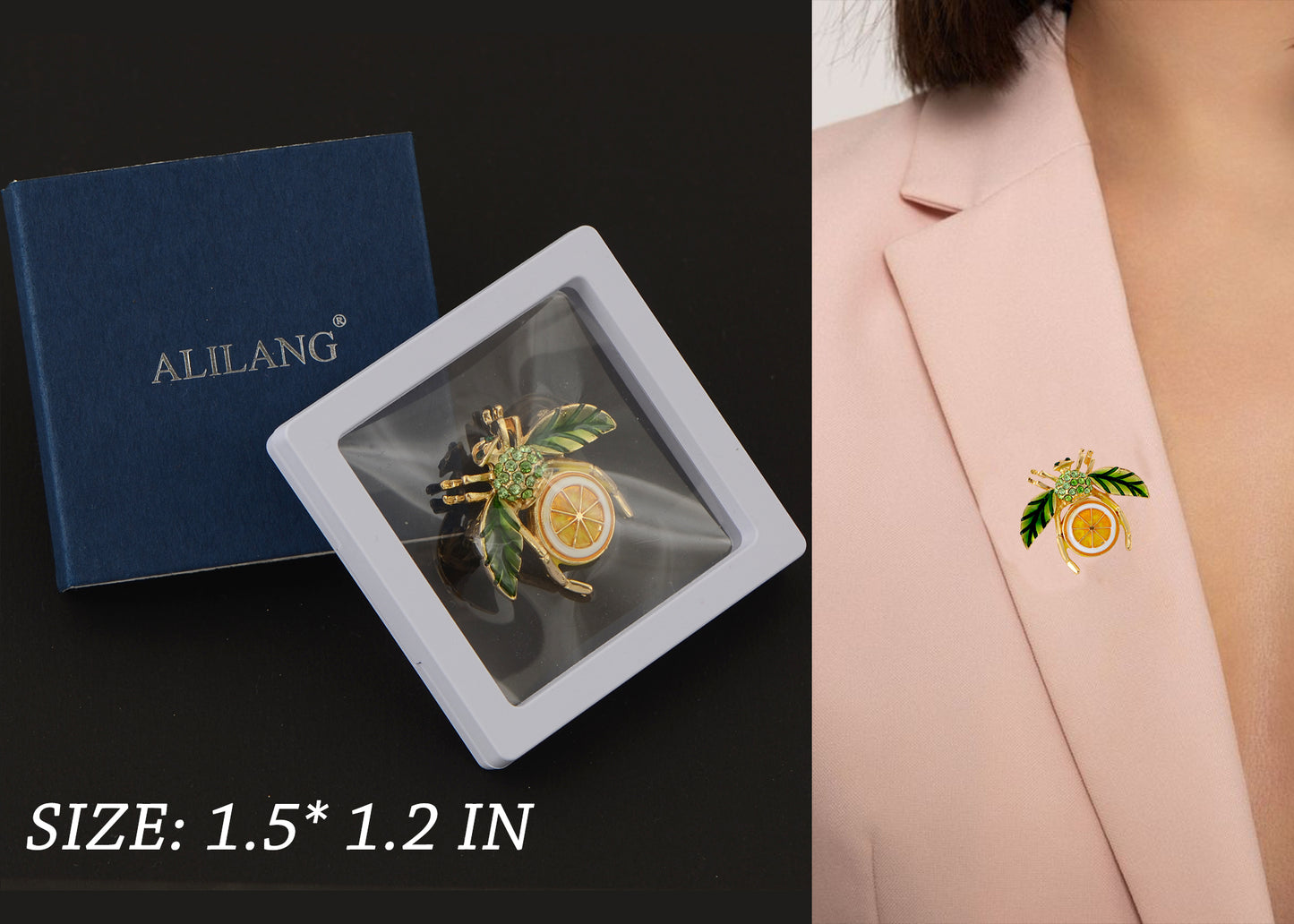 Alilang Elegant Crystal Rhinestone Fruit and Bee Brooch - Fashionable Gold Plated Fruit Insect Lapel Pins for Dresses and Accessories