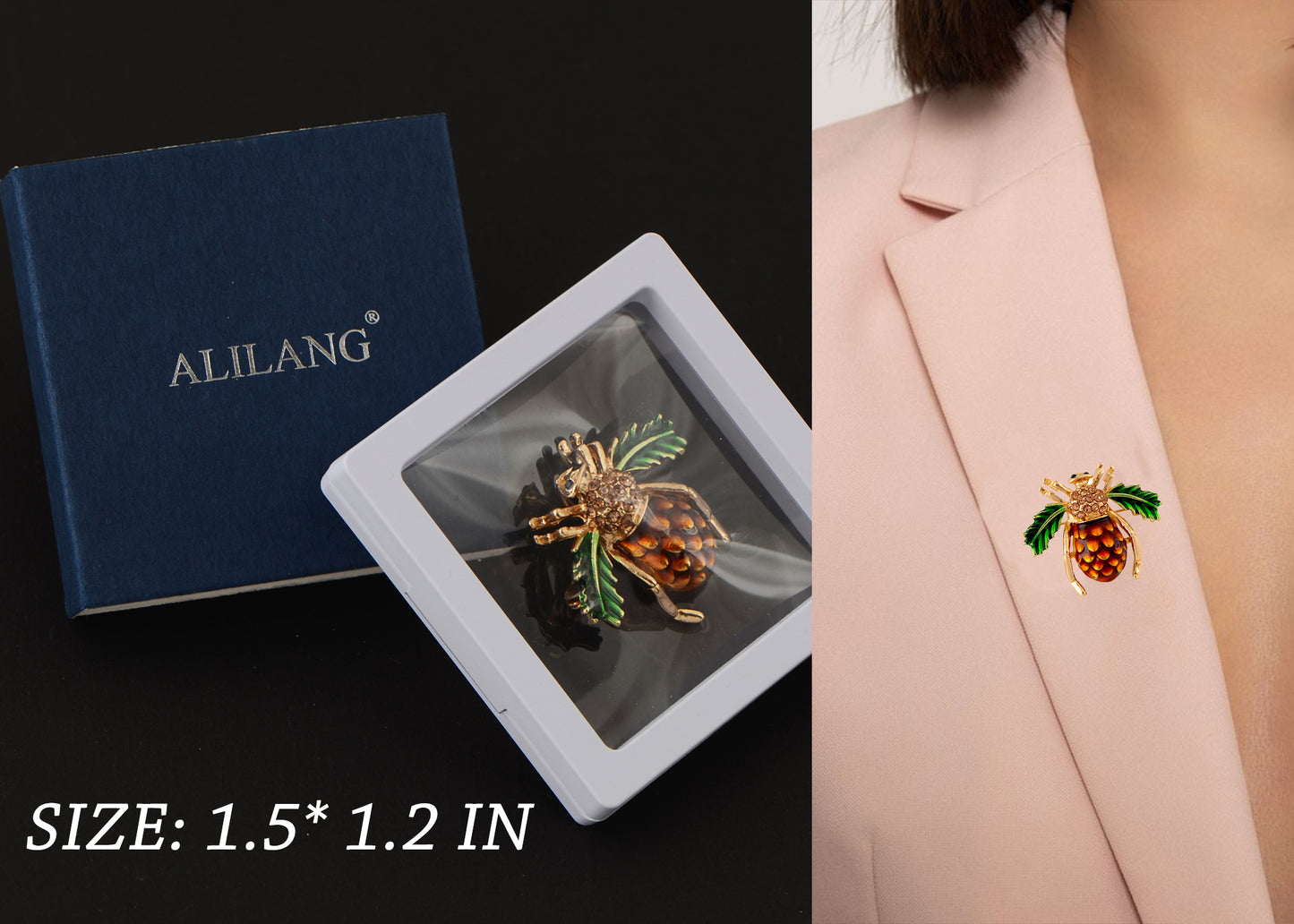 Alilang Elegant Crystal Rhinestone Fruit and Bee Brooch - Fashionable Gold Plated Fruit Insect Lapel Pins for Dresses and Accessories