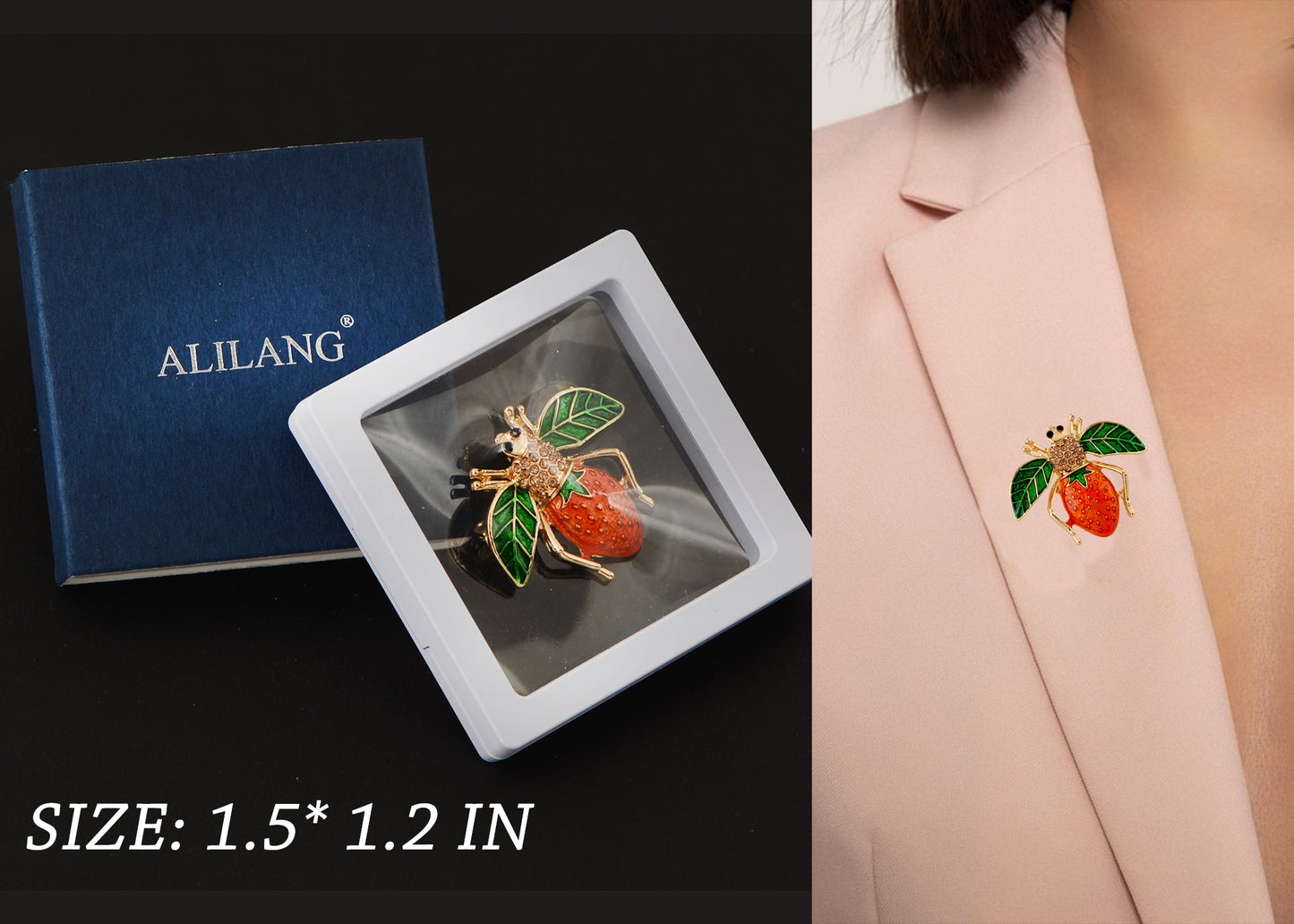 Alilang Elegant Crystal Rhinestone Fruit and Bee Brooch - Fashionable Gold Plated Fruit Insect Lapel Pins for Dresses and Accessories