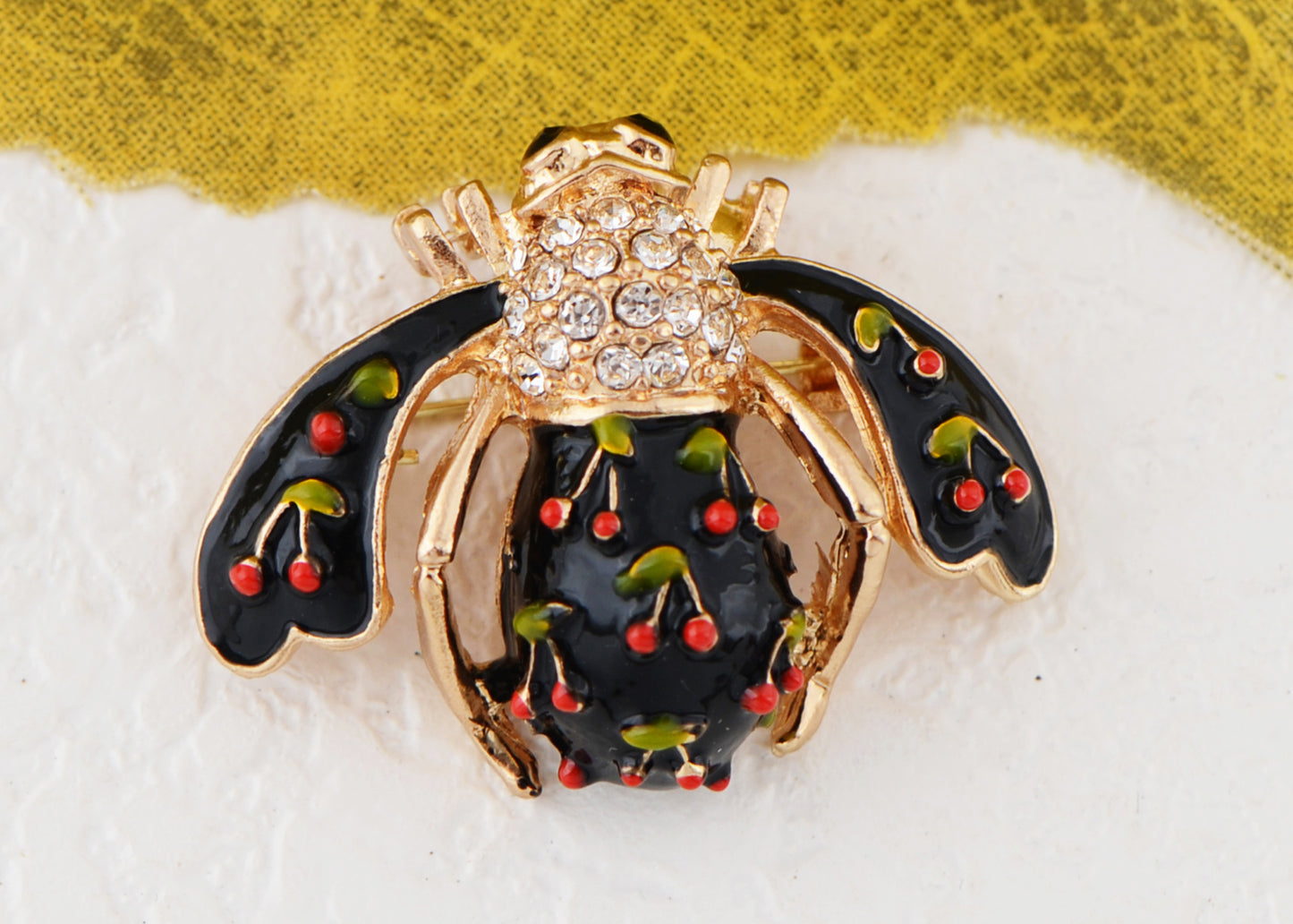 Alilang Elegant Crystal Rhinestone Fruit and Bee Brooch - Fashionable Gold Plated Fruit Insect Lapel Pins for Dresses and Accessories