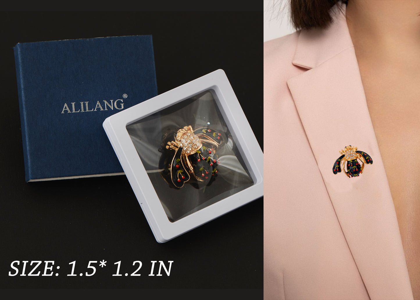 Alilang Elegant Crystal Rhinestone Fruit and Bee Brooch - Fashionable Gold Plated Fruit Insect Lapel Pins for Dresses and Accessories