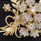 Aliang Women Gold Tone Floral Bouquet Brooch with Clear Rhinestone Textured Leaf and Bow Details