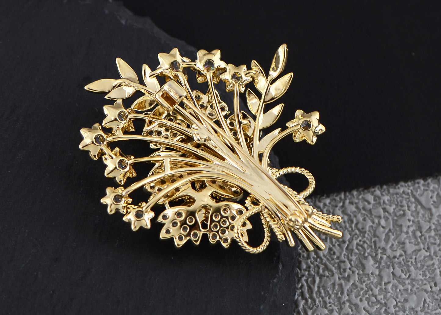 Aliang Women Gold Tone Floral Bouquet Brooch with Clear Rhinestone Textured Leaf and Bow Details
