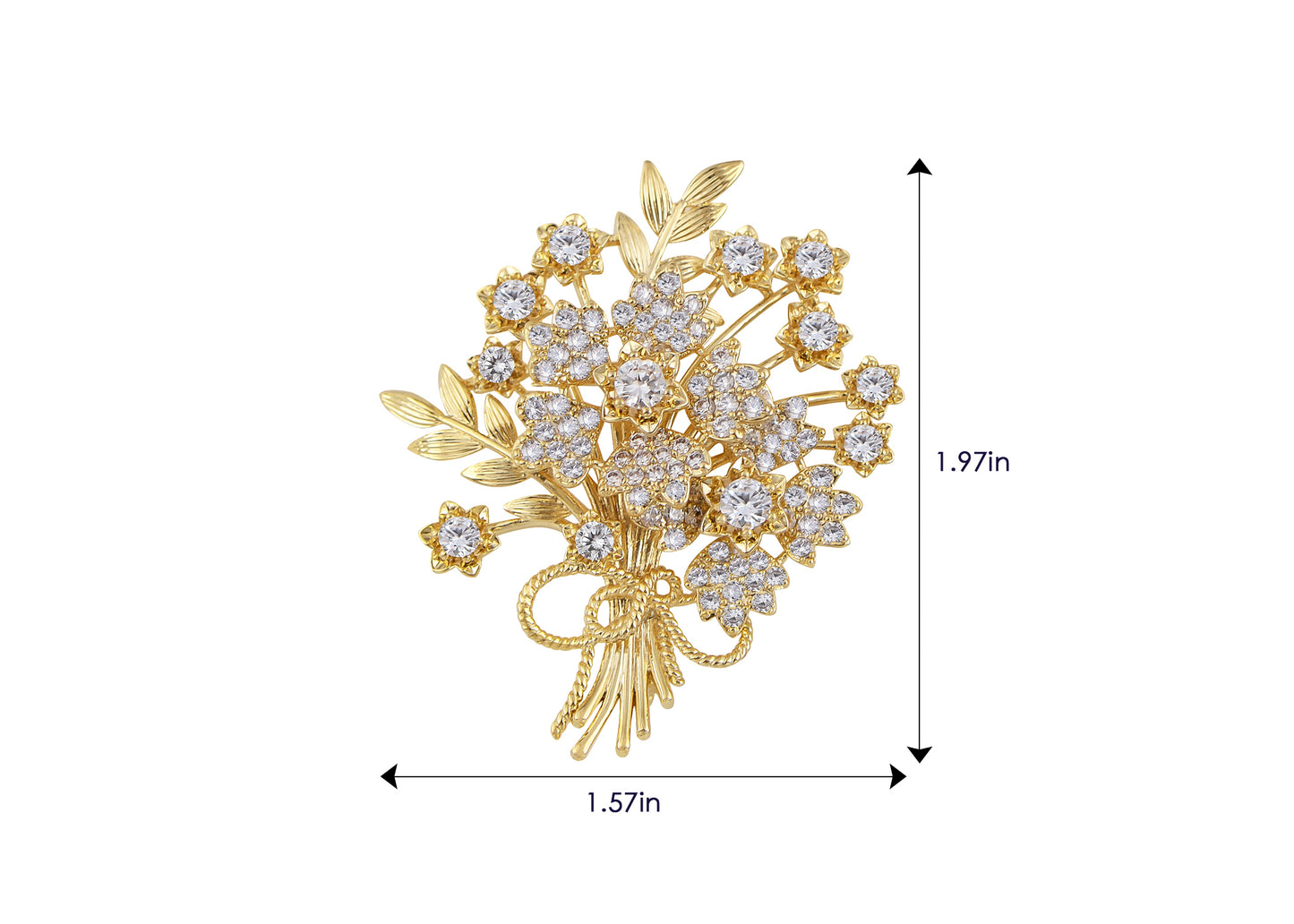 Aliang Women Gold Tone Floral Bouquet Brooch with Clear Rhinestone Textured Leaf and Bow Details