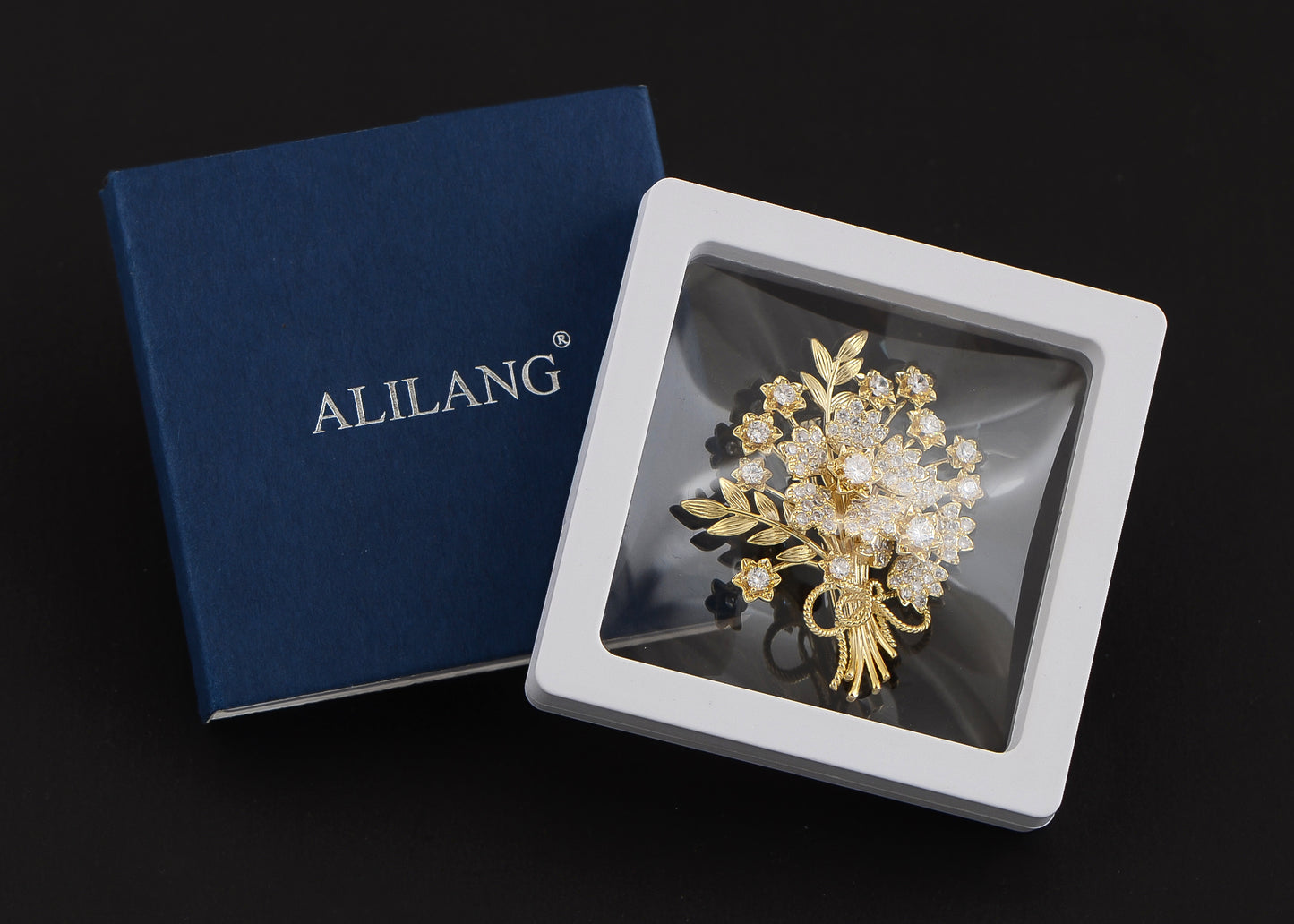 Aliang Women Gold Tone Floral Bouquet Brooch with Clear Rhinestone Textured Leaf and Bow Details