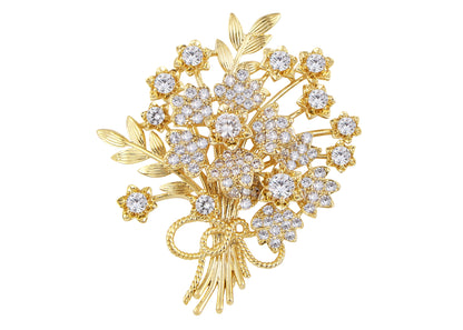 Aliang Women Gold Tone Floral Bouquet Brooch with Clear Rhinestone Textured Leaf and Bow Details