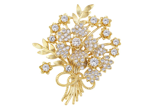 Aliang Women Gold Tone Floral Bouquet Brooch with Clear Rhinestone Textured Leaf and Bow Details