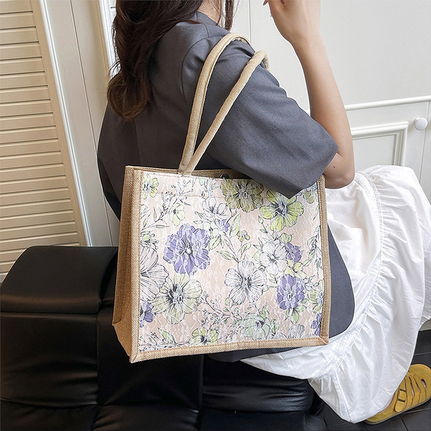 Anna-Kaci Women's Floral Linen-Polyester Tote Bag-Lightweight Floral Print Shopping Bag