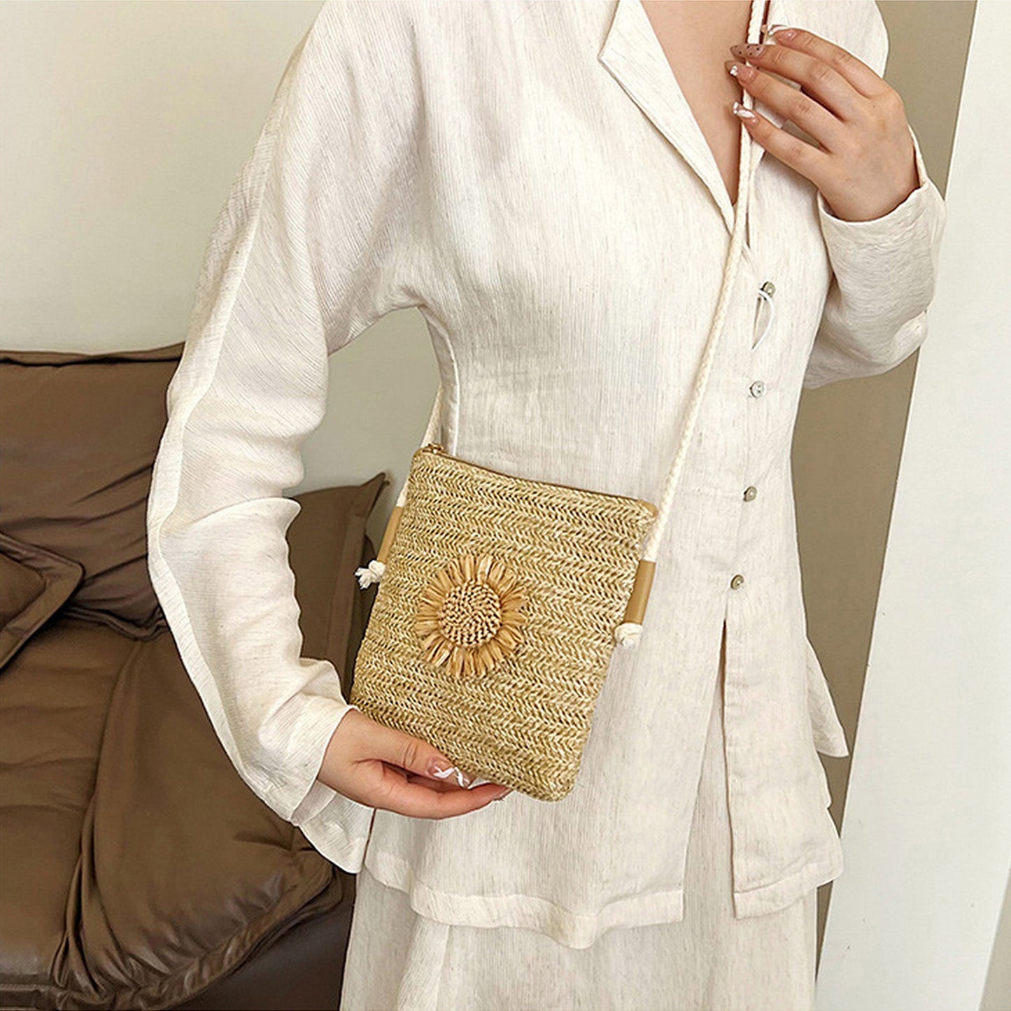 Anna-Kaci Women¡¯s Straw Woven Crossbody Bag with Sunflower Accent