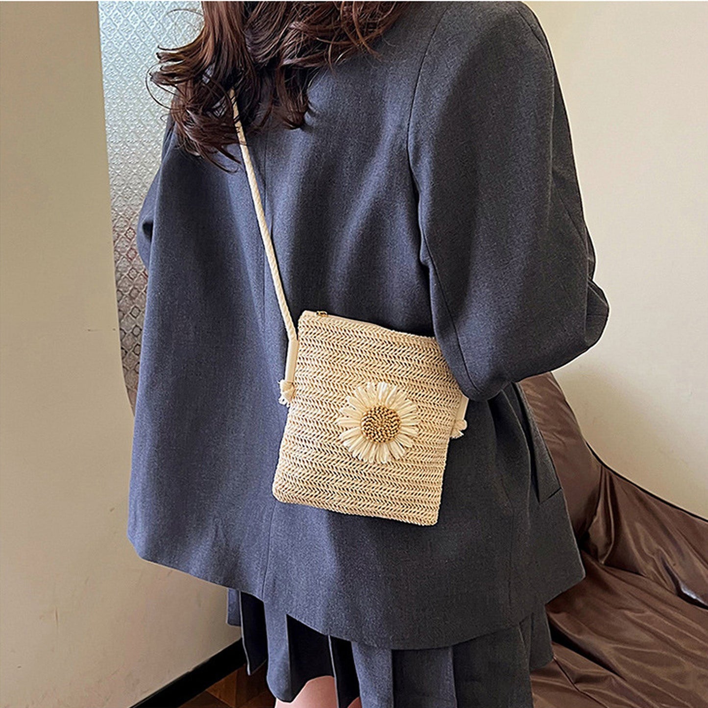 Anna-Kaci Women¡¯s Straw Woven Crossbody Bag with Sunflower Accent